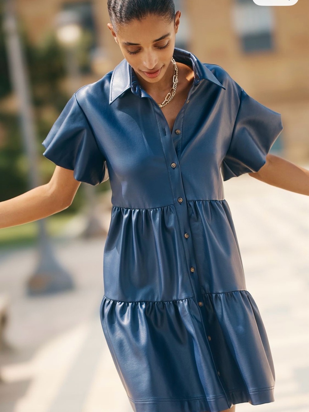 Maeve Anthropologie Faux Leather Mini Shirt Dress Navy Storm Size S NWT